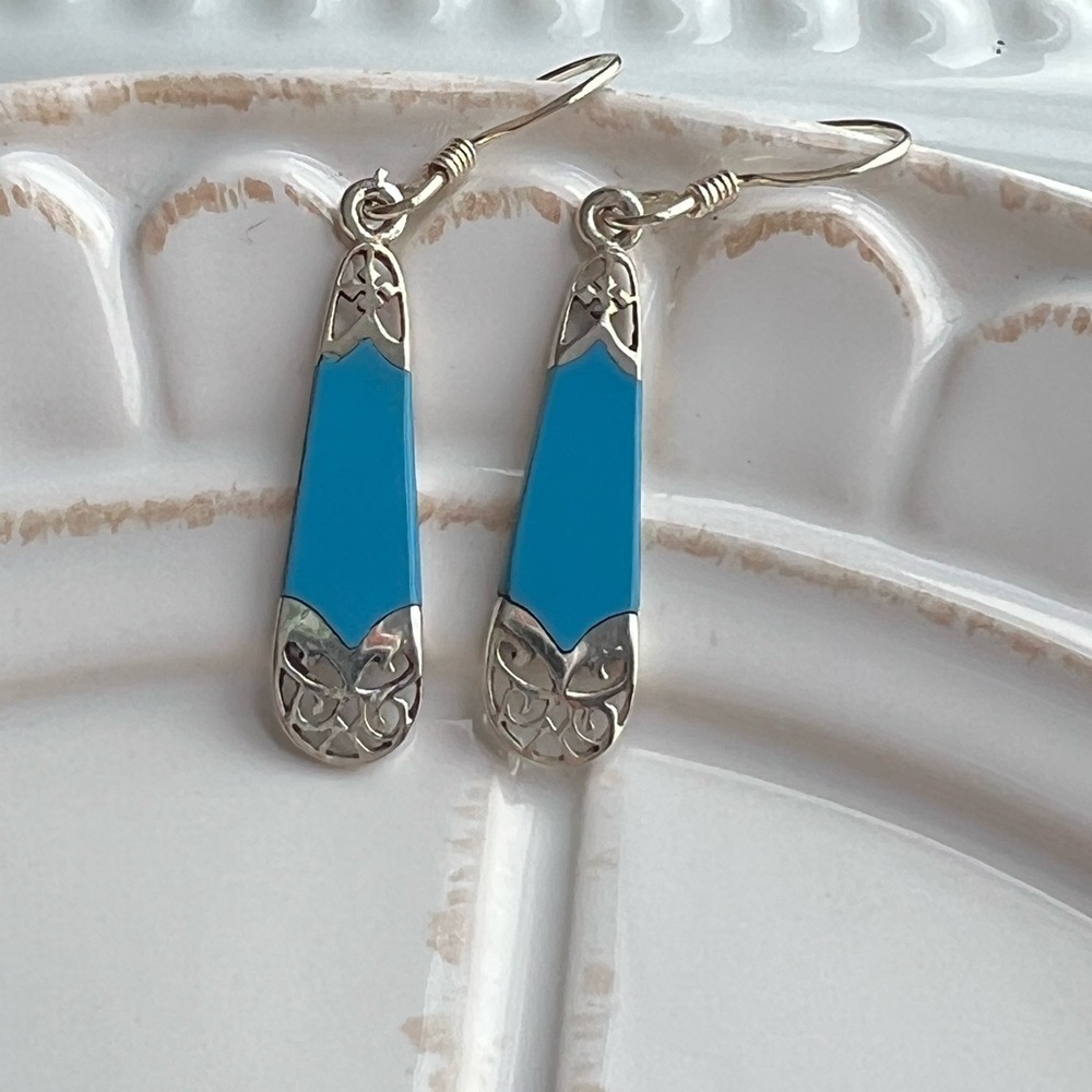 Blue Inlay Dangle Earrings Vintage Sterling Silver NOS 925